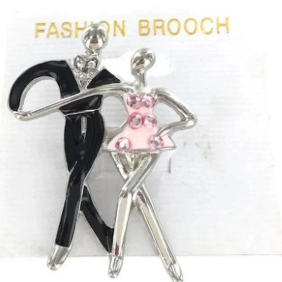 Dancing Couple Pink and Black Brooch/Pin with Rhinestones - Picture 2 of 2